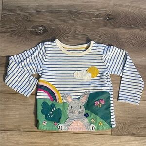 Baby Boden Striped Blue & White Girl 12-18M Long Sleeve Shirt Bunny Embroidery